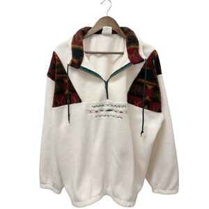Vintage City Scape Quarter Zip Vancouver Canada Pullover Fleece Sweater Cream XL